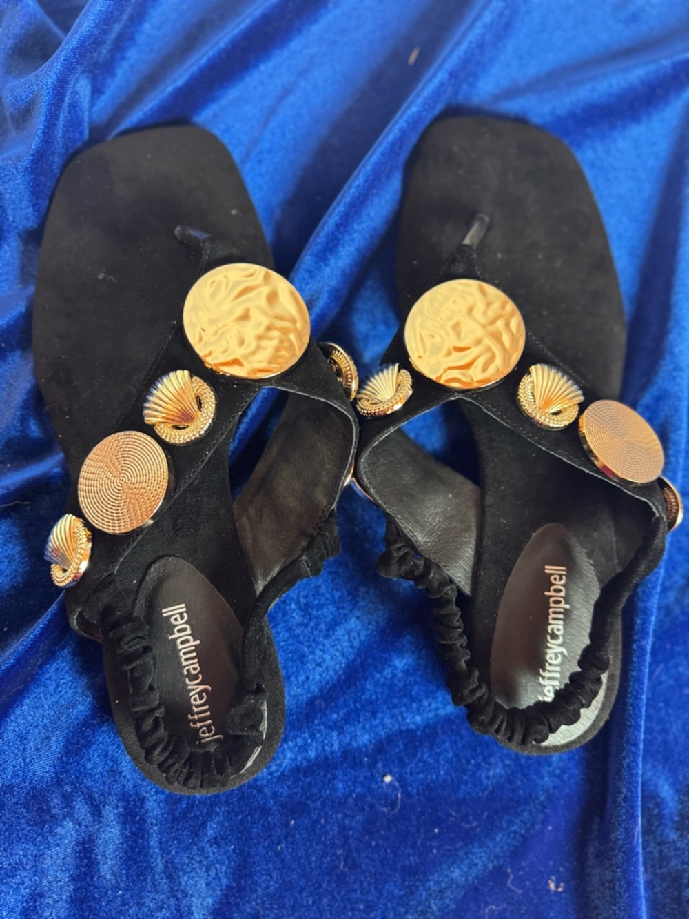 Jeffrey Campbell Emerald Black Sandals with Gold Medallion Accents